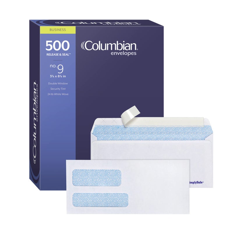Columbian #9 Double-Window Security Envelopes  SimplySafe Tamper Evident  Pull Strip  Peel and Seal  for Invoices and Statements  3-7/8 x 8-7/8 Inches  500 per Box (COLO166)  White - Image 1